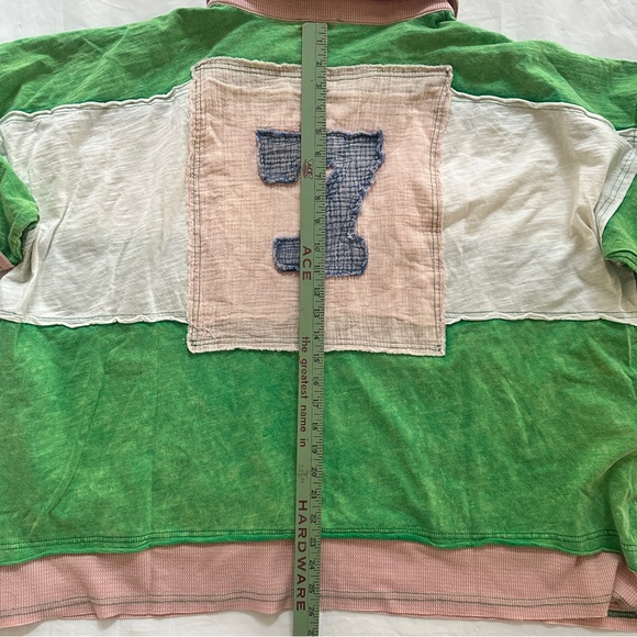 Oli & Hali washed patch varsity collar Green Pink Patchwork Jersey Top - Picture 6 of 8